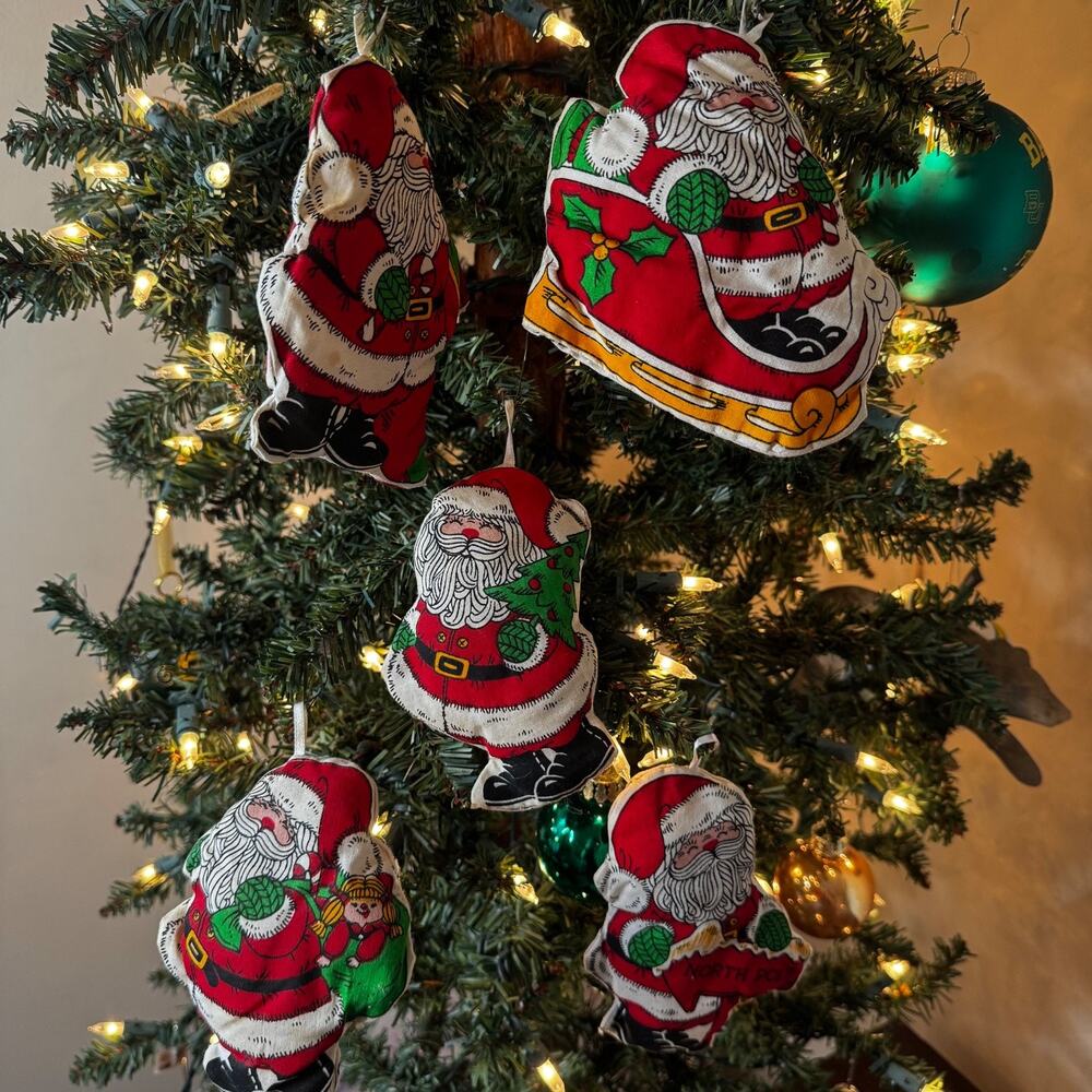 VTG 5 Christmas Ornament Santa Plush Handmade Hand Sewn Fabric Pattern Panel